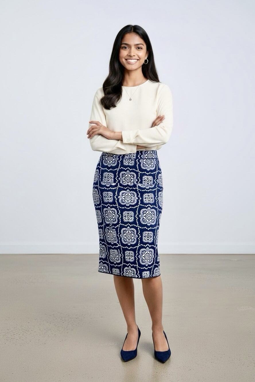 Ann Taylor Navy Blue White Medallion Tile Print Pencil Midi Skirt Size 4 EUC